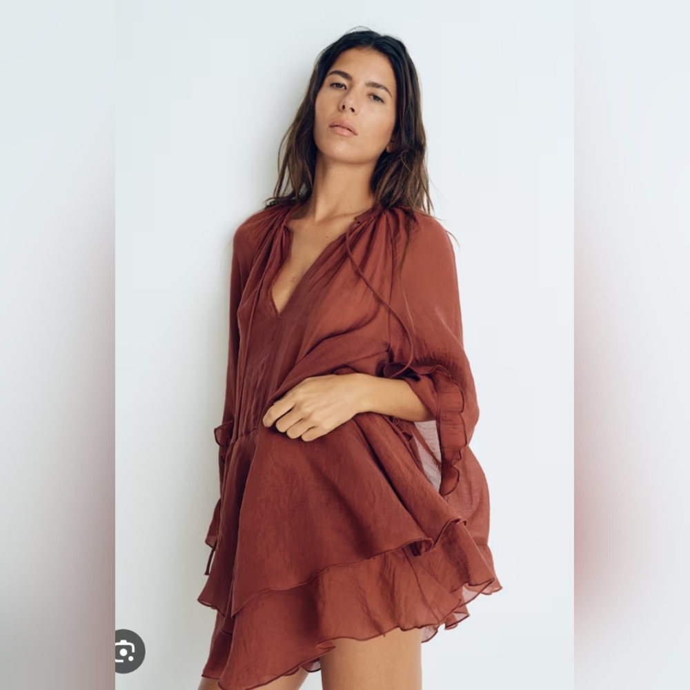 NWT H&M Flounced Ruffle Mini Dress In Rust - Picture 4 of 7